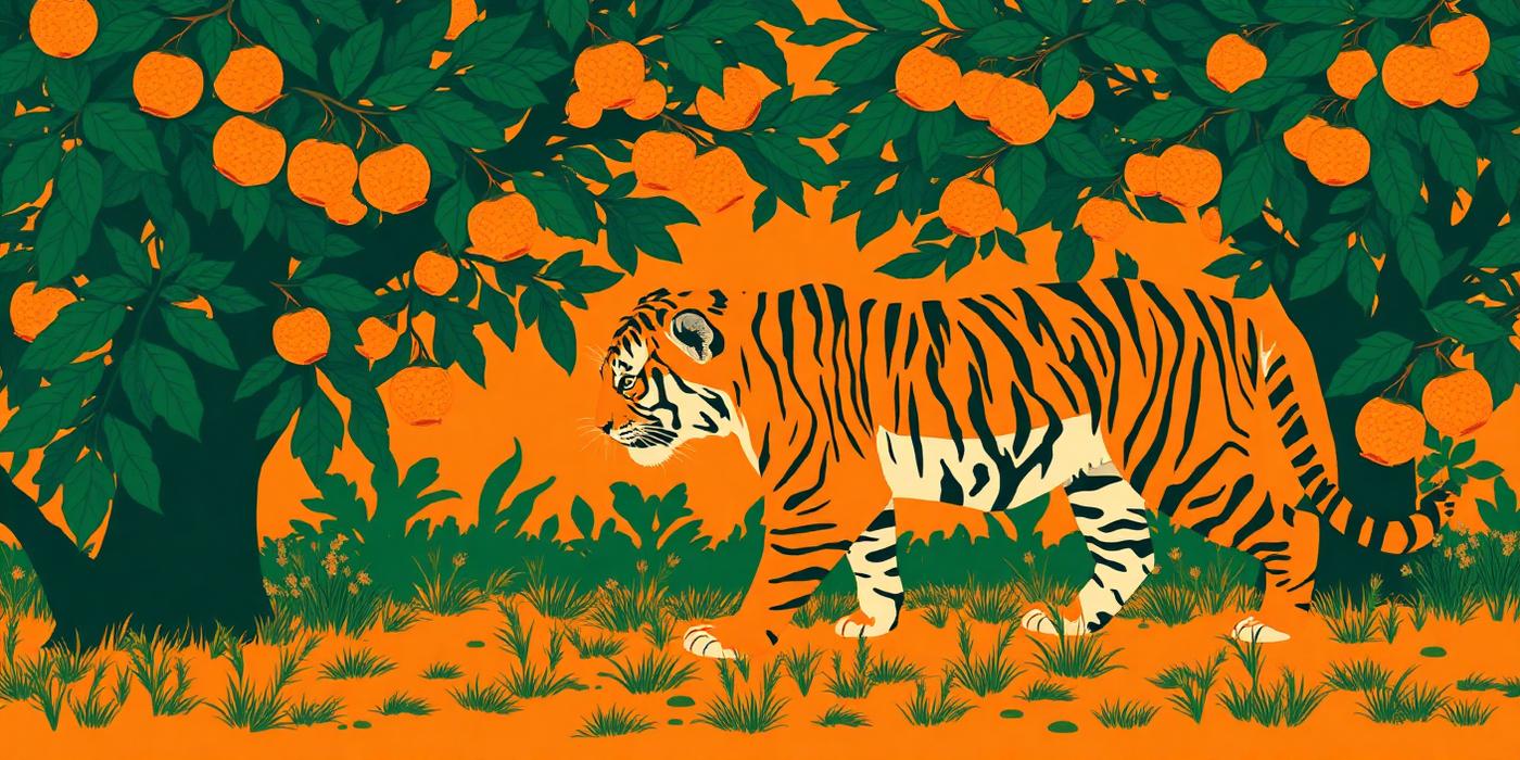 Illustrated tiger walking through a guava orchard